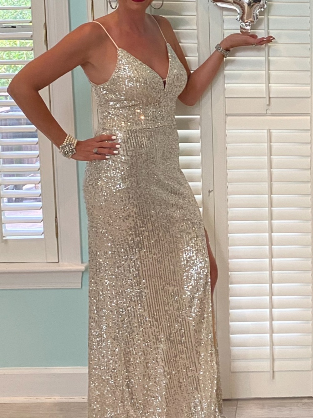 Xtraordinary Silver Sequin Prom Dress with Nude Lining